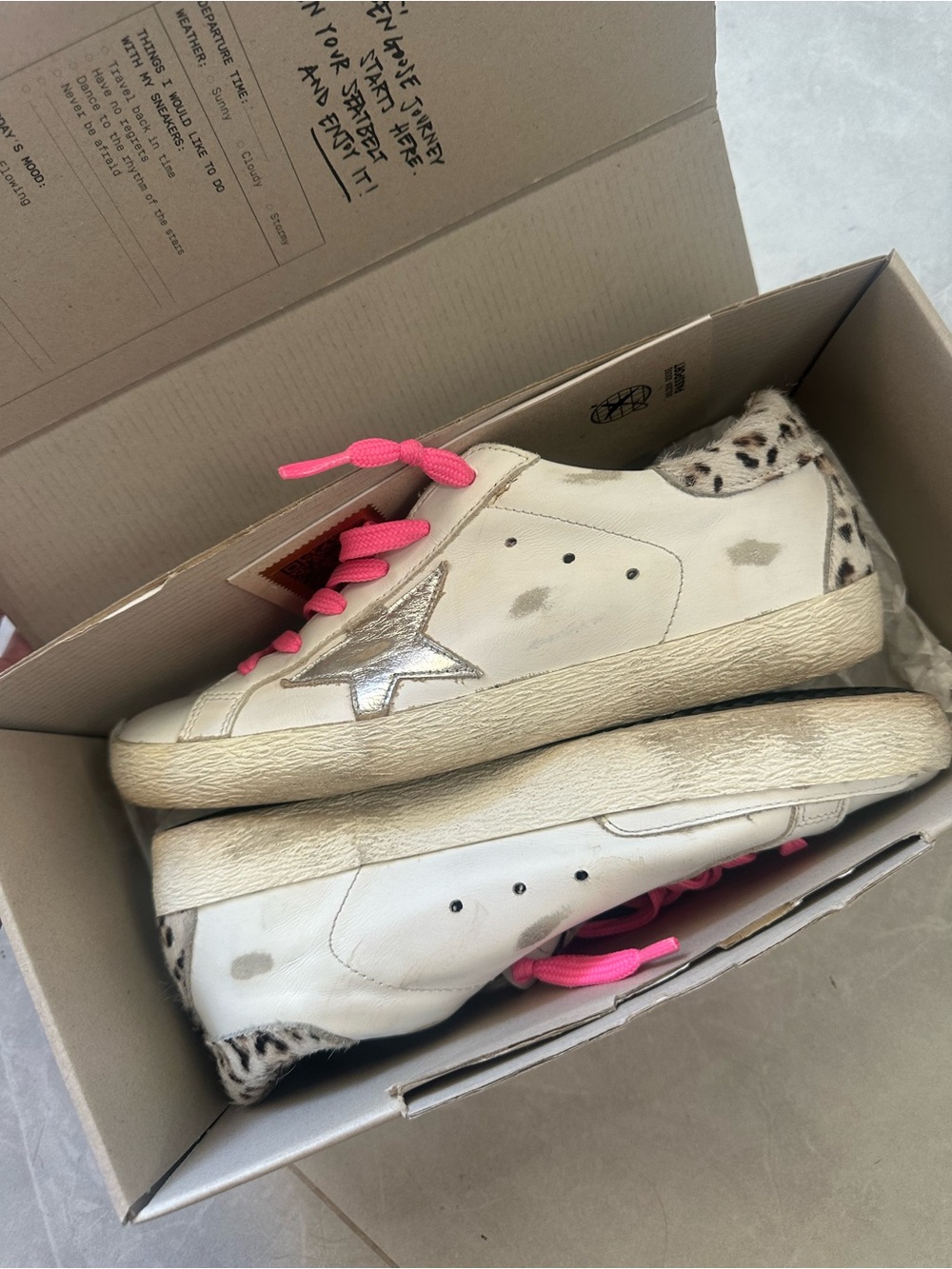Golden Goose Super-Star Size 37 Sneakers with Pink Laces and Leopard Heel